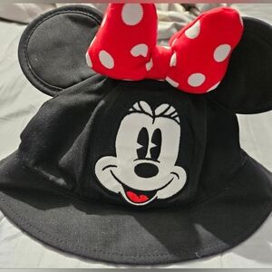 Disney Parks Mnnie Mouse Black Bucket Hat with Red Polka Dot Bow